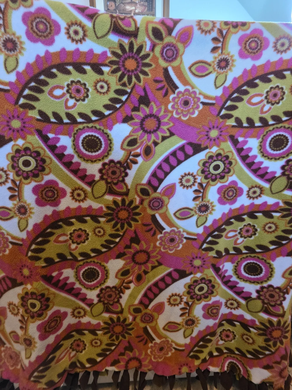 Floral Paisley Fleece Tie Blanket Pink Orange Green Brown Approx 56 x 63